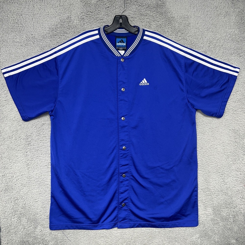 VTG adidas Basketball Warm Up Jersey Men XL Blue Side Stripes V Neck Snap Button